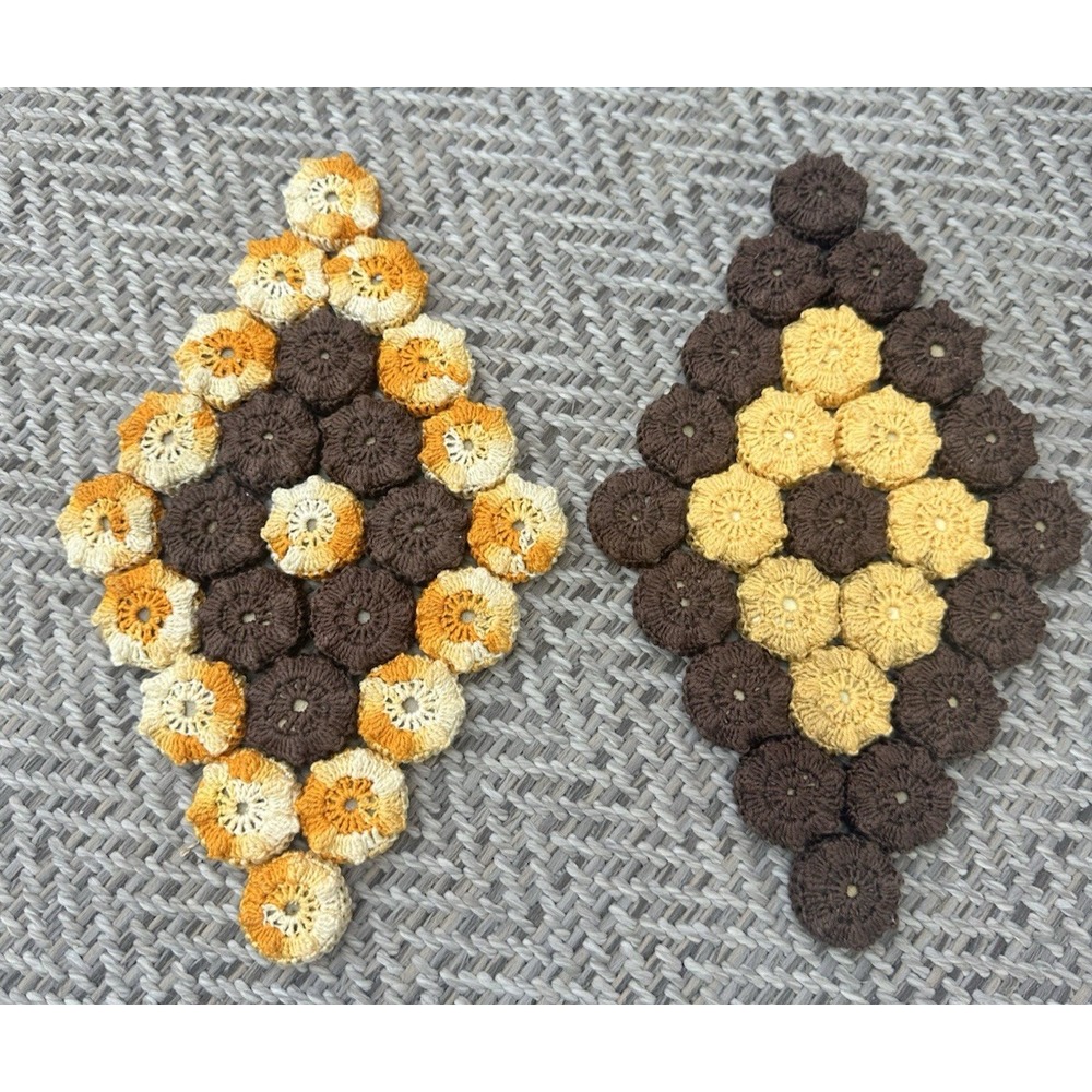 Vintage Hand Made Crocheted Bottle Cap Trivet Hot Pad Lot of 2 Yellow Brown MCM